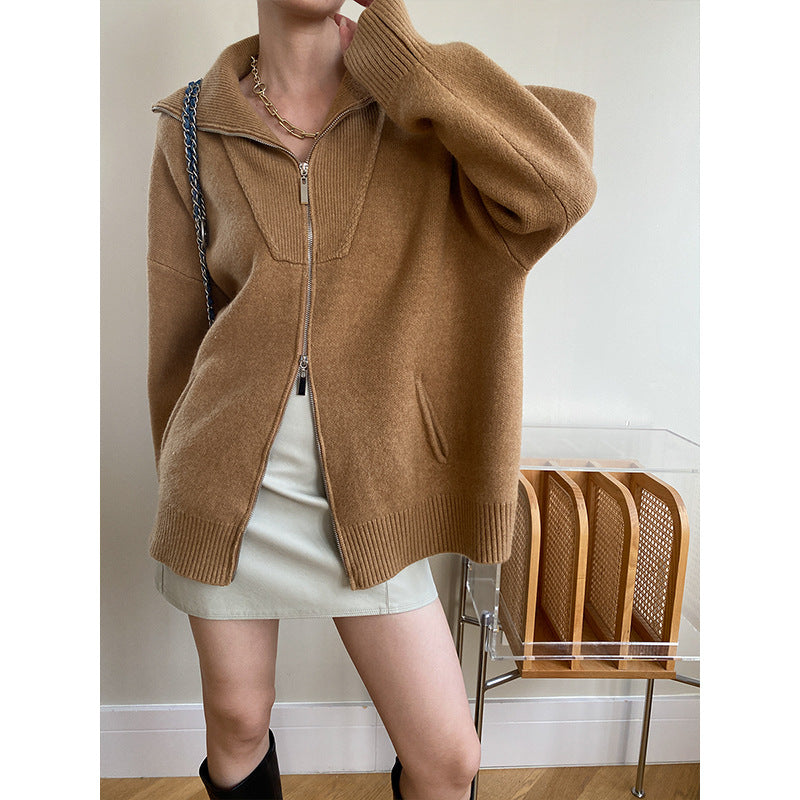 Damen lässige Zip-Up Strickjacke mit hohem Kragen und seitlichen Taschen Drune