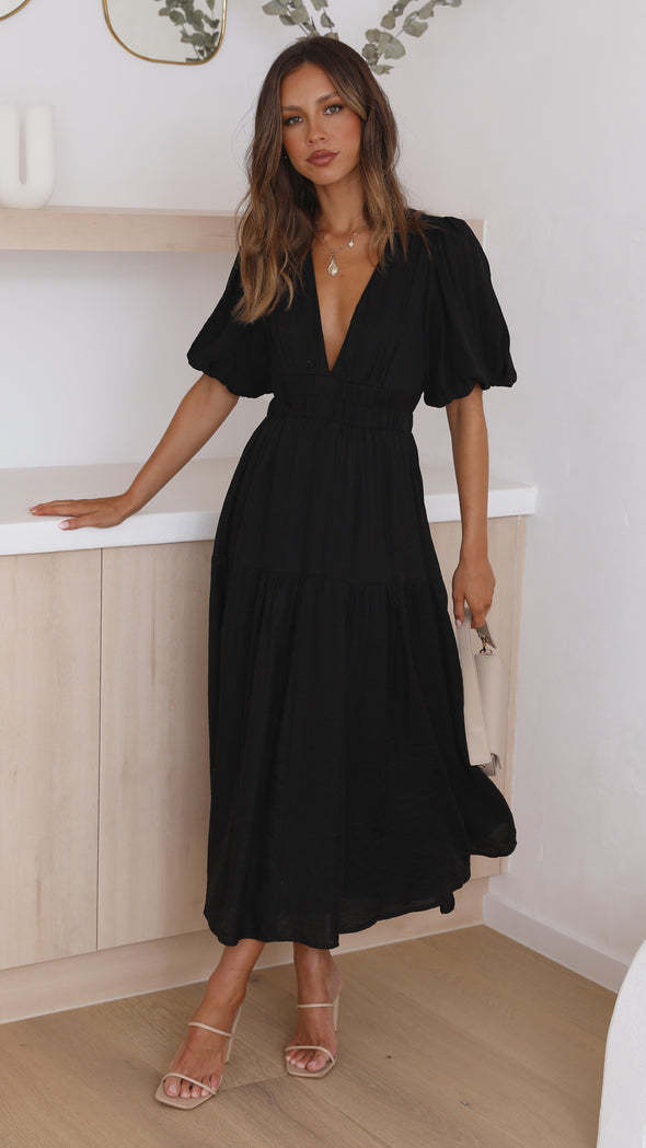 Damen Maxikleid mit weiten Puffärmeln und elastischem Taillenzug Drune