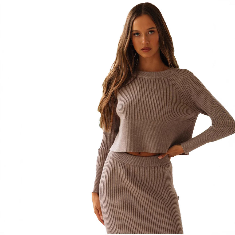 Damen elegantes Strick-Set mit cropped Pullover und Maxi-Rock Drune