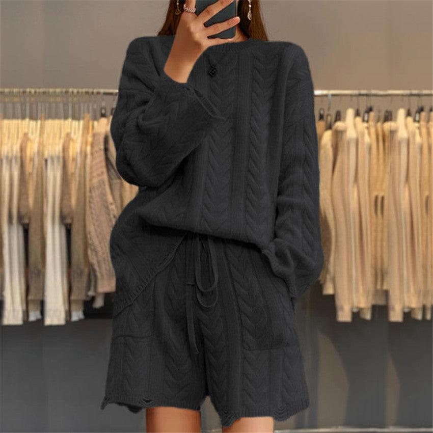 Damen nan kuscheliges Zopfmuster-Strickset mit Rundhals-Pullover und Taillen-Shorts Drune
