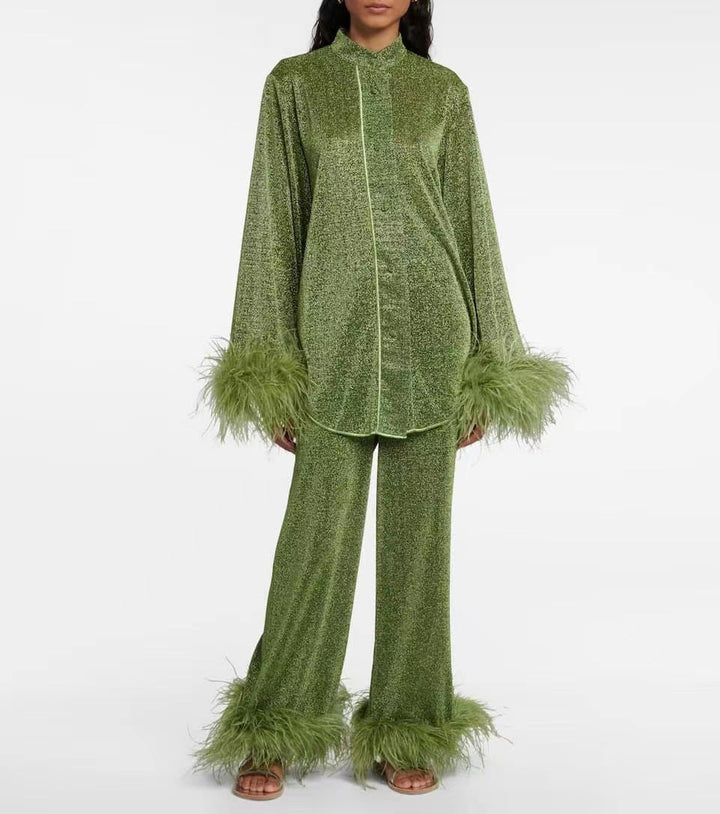 Drune | Herbst Winter Feder Stehkragen Langarmoberteil und Hosen Set