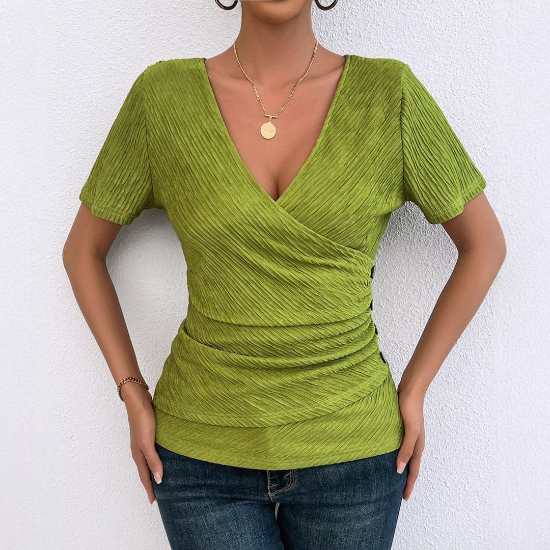 Damen Wickelbluse mit raffinierten Falten und Knopfdetails Drune