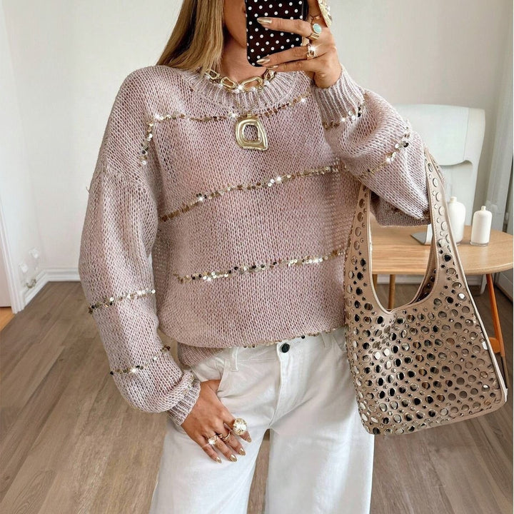 Damen Grobstrick-Pullover mit Paillettenstreifen, Oversize-Schnitt & Rundhalsausschnitt Drune