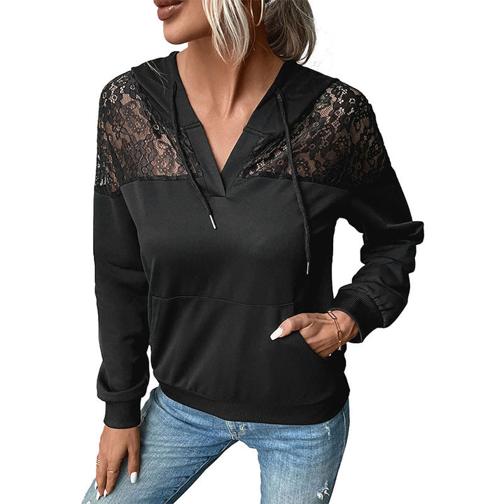 Damen Hoodie mit V-Ausschnitt, Spitzen-Schulterbesatz und Kängurutasche Drune