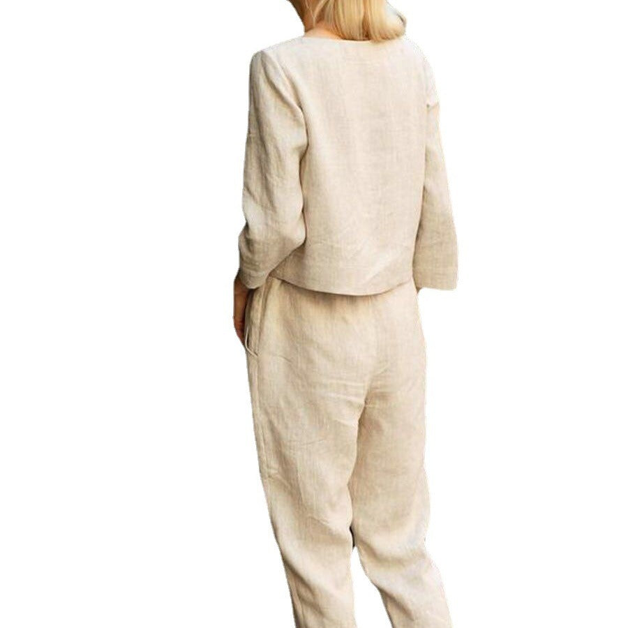 Damen Zweiteiliges Leinen-Set mit modischem Oberteil und komfortabler Hose Drune
