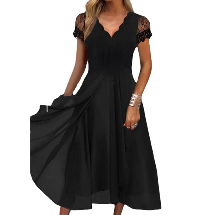 Damen nan fließendes Midikleid mit geschwungenem V-Ausschnitt, taillierter A-Linien-Silhouette und filigranen Spitzenärmeln Drune