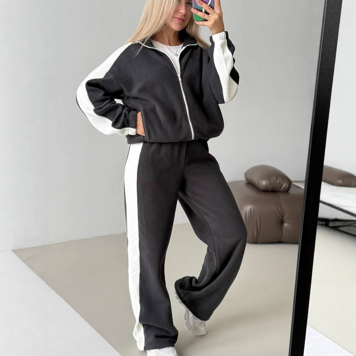 Damen sportlich-elegantes Fleece-Trainingsset mit kurzem Stehkragen-Zip, elastischem Bund und seitlichen Kontrastbahnen Drune