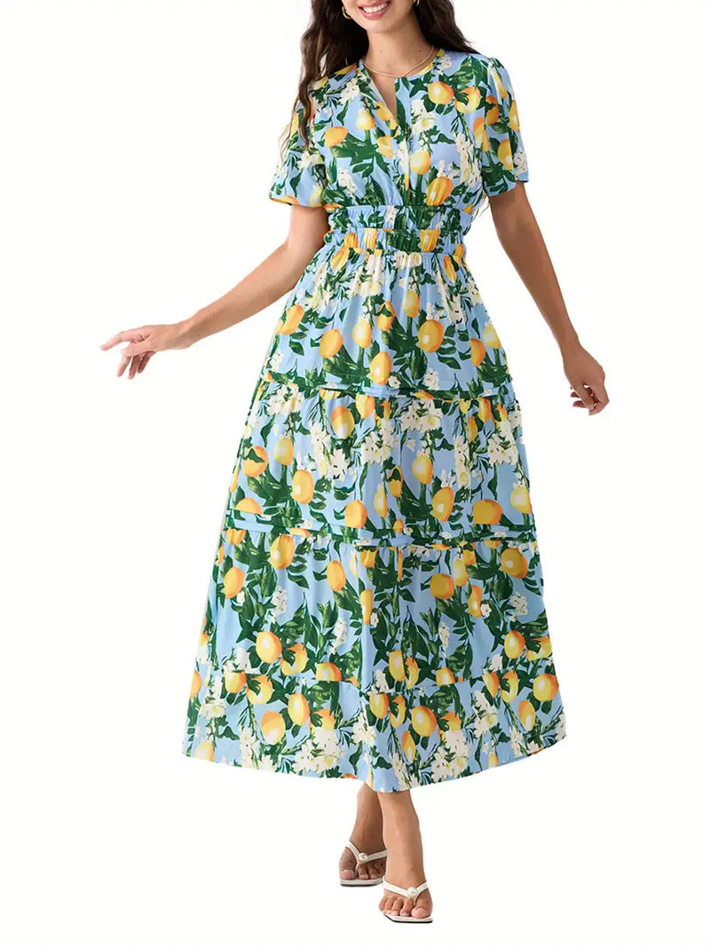 Damen Langes Wickelkleid mit elastischem Taillenzug und stilvollem Muster Drune