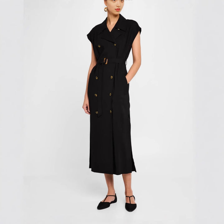 Damen Ärmelloses Doppelreiher-Midikleid mit Trench-Gürtel Drune