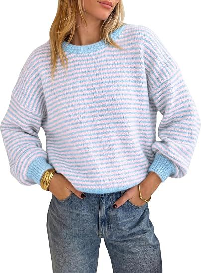 Damen Gestreifter Rippstrick-Pullover mit Kontrast-Bündchen Drune