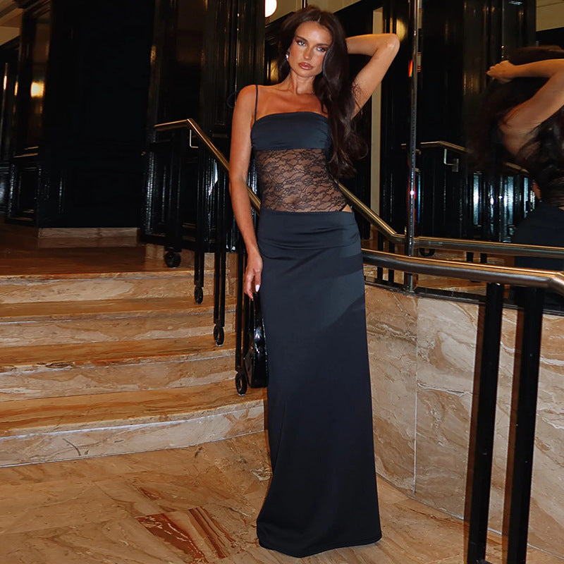 Damen Elegantes Maxikleid mit Spitzeneinsätzen und verstellbaren Trägern Drune