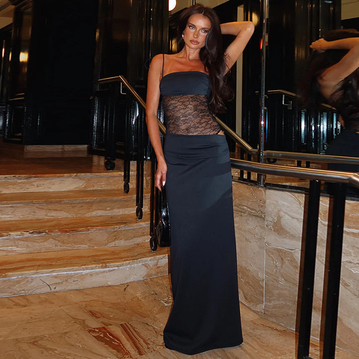 Damen Elegantes Maxikleid mit Spitzeneinsätzen und verstellbaren Trägern Drune
