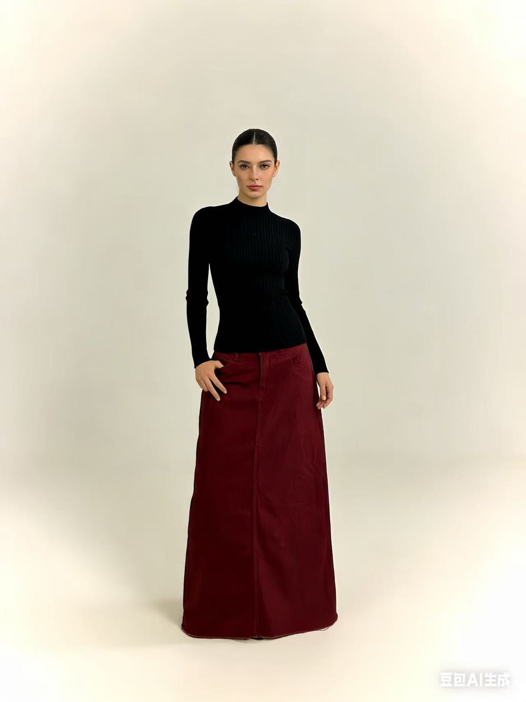 Damen Maxi-Denim-Rock mit hohem Bund und fransigem Saum