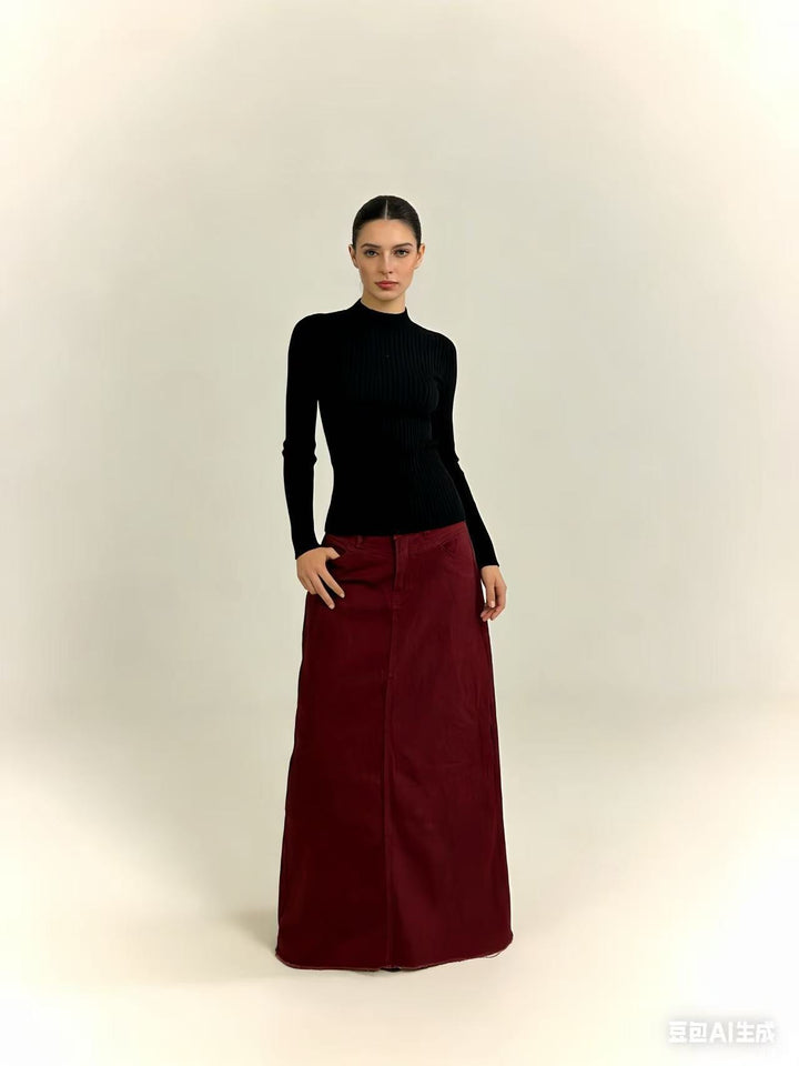 Damen Maxi-Denim-Rock mit hohem Bund und fransigem Saum