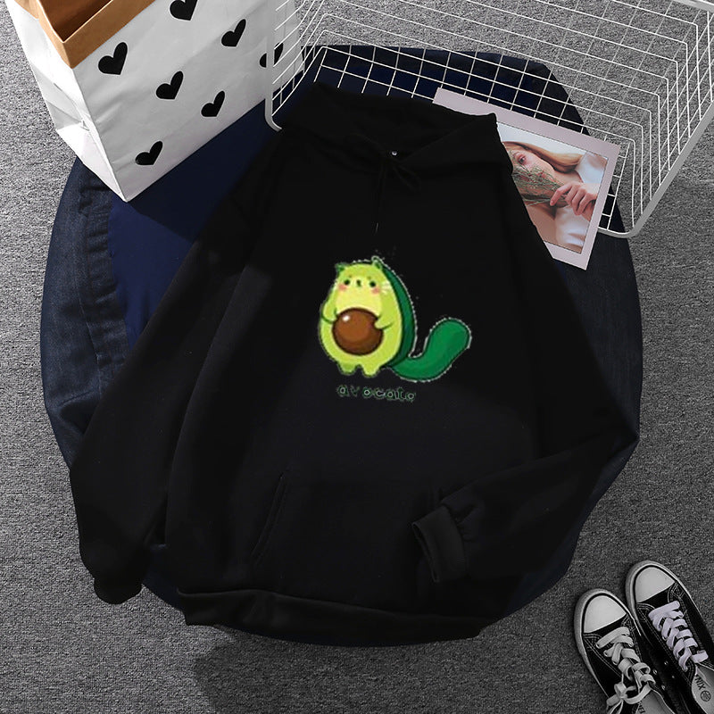 Damen nan Oversize-Fleecehoodie mit weichem Innenfutter, Kängurutasche und Avocato-Cartoonmotiv Drune