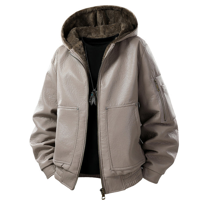 Herren gefütterte Lederoptik-Bomberjacke mit Kapuze und Teddyinnenfutter Drune
