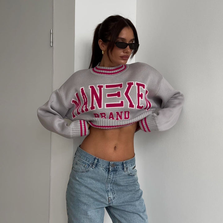Damen trendiger, lässiger Crop-Pullover mit grafischem Schriftzug und sportlichen Akzenten Drune