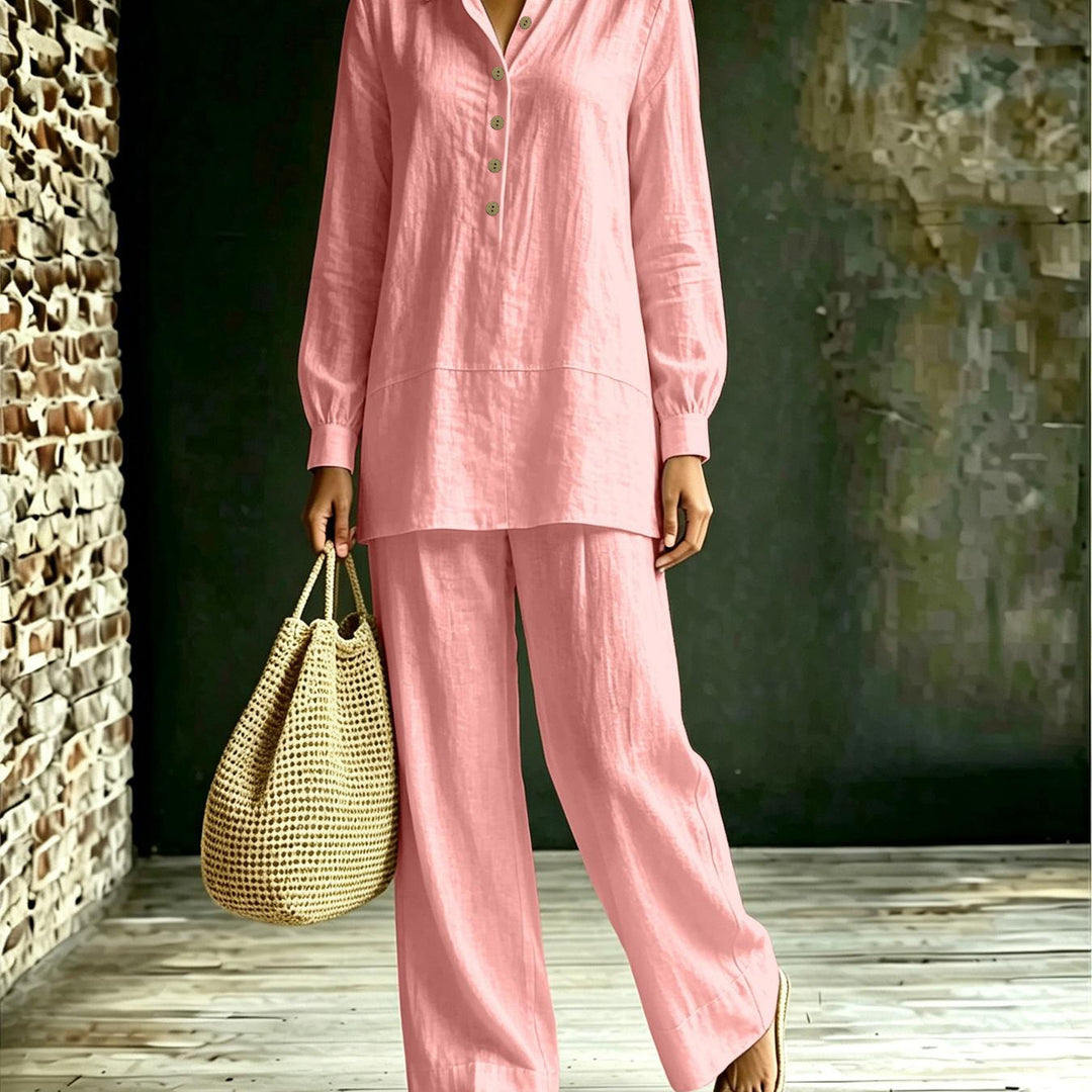 Damen Tunika-Hose Set aus Leinenoptik mit Hemdkragen und weitem Schnitt Drune