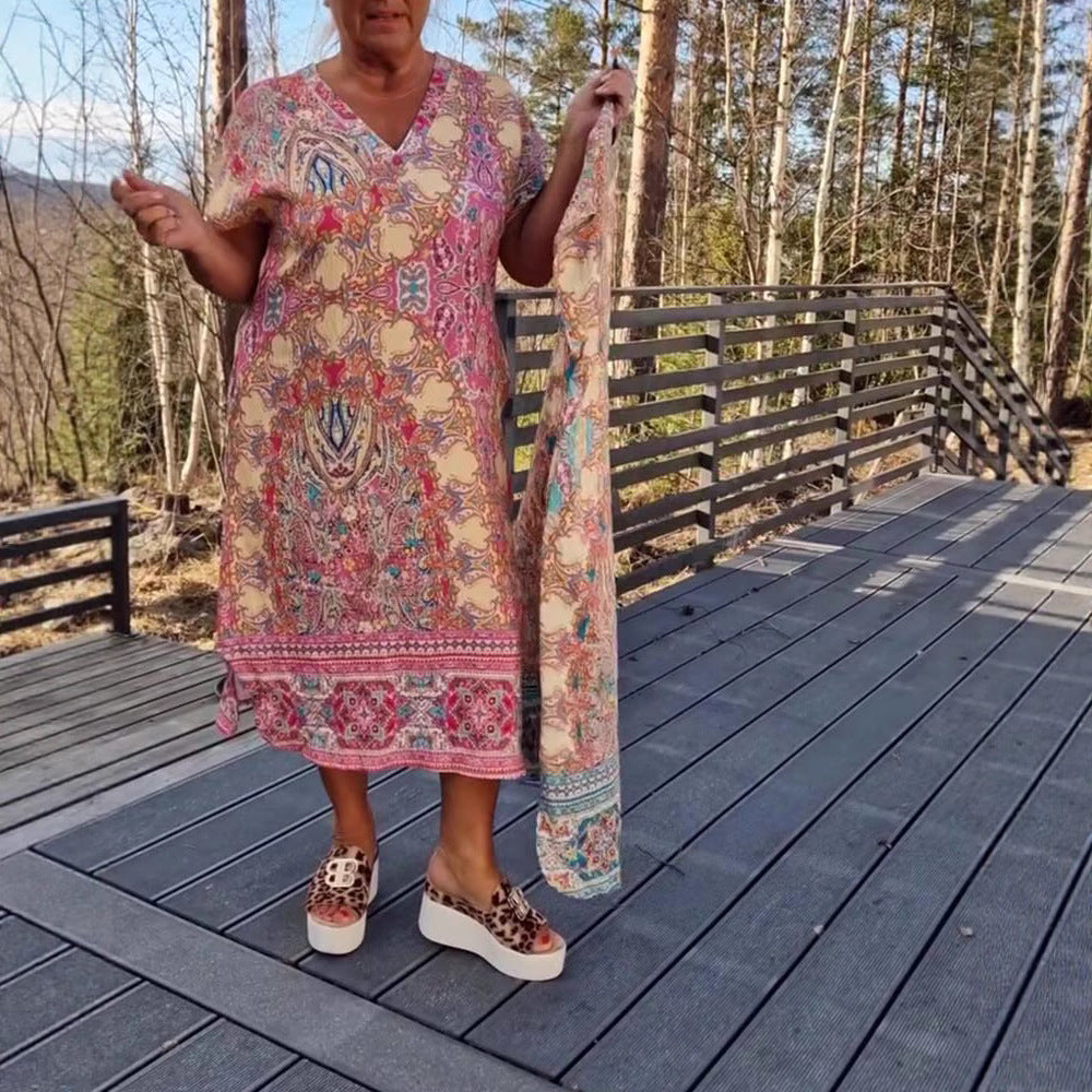 Damen nan fließendes Midikleid im Tunika‑Kaftan‑Mix mit V‑Ausschnitt kurzen Ärmeln lockerer Passform und passendem Pareo Drune