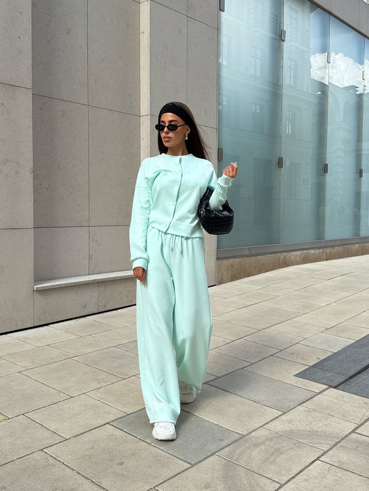 Damen Zweiteiliges Loungewear-Set mit verdeckter Druckknopf-Cardigan und weiten High-Waist Jogpants Drune