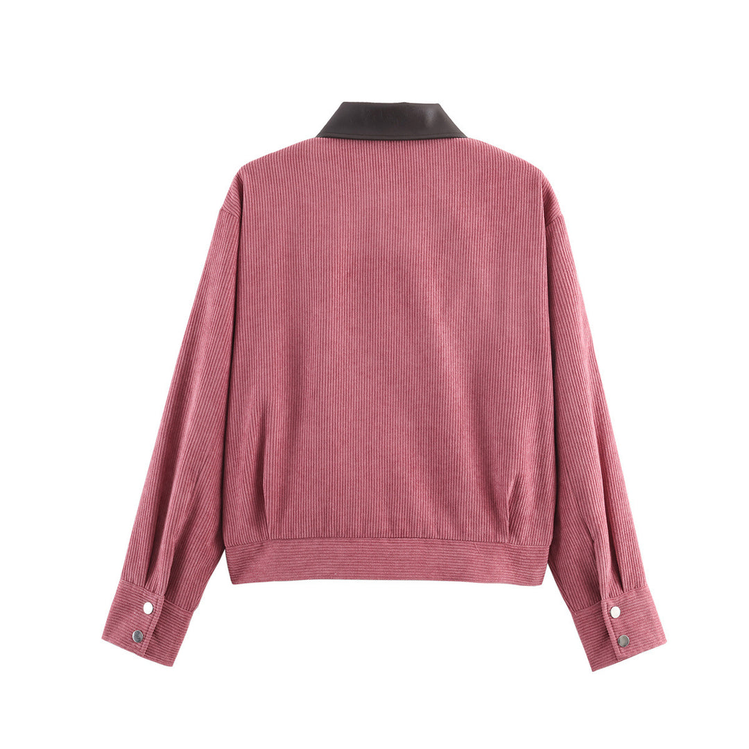 Damen Rippenstruktur-Kurzjacke mit Kunstlederkragen und Pattentaschen Drune