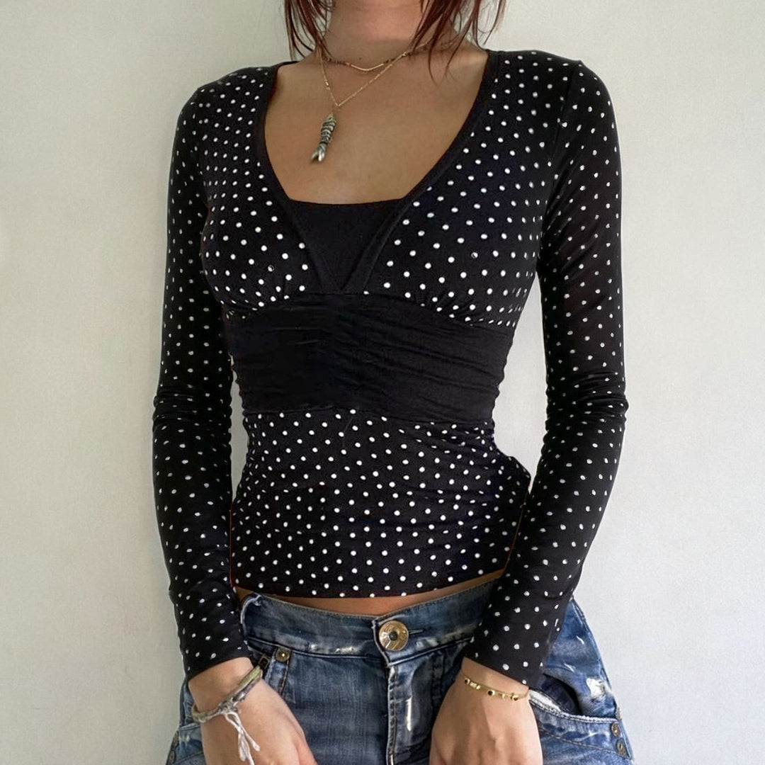 Damen nan taillierte Wickelbluse mit Polka‑Dot Muster, tiefem V‑Ausschnitt und breitem Taillenband Drune