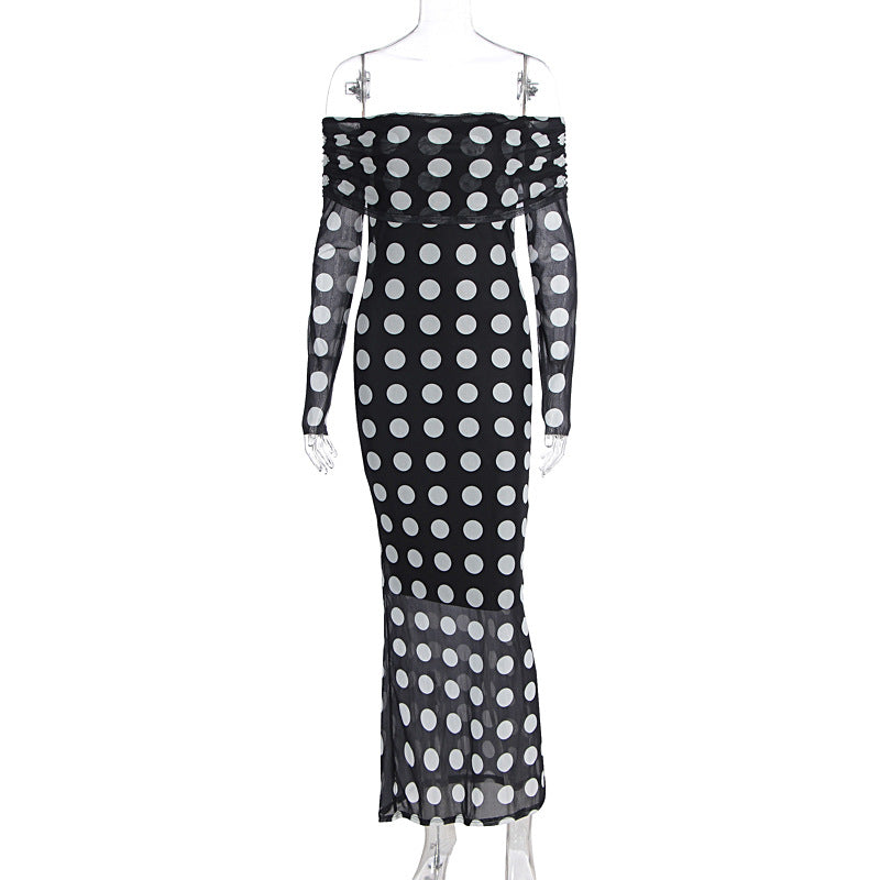 Damen Elegantes Maxikleid mit schulterfreiem Design und Punkten Drune
