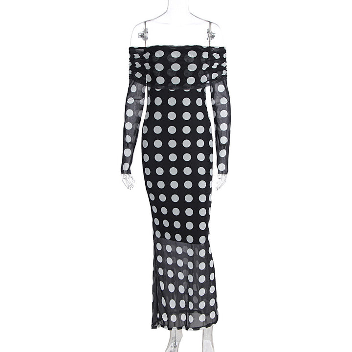 Damen Elegantes Maxikleid mit schulterfreiem Design und Punkten Drune