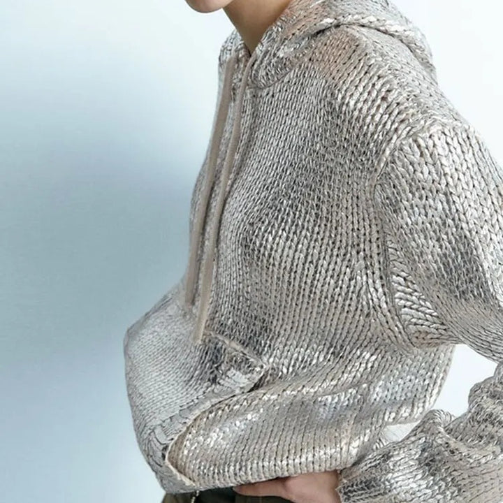 Damen Glitzernder Strickpullover mit Kapuze und praktischer Kängurutasche Drune