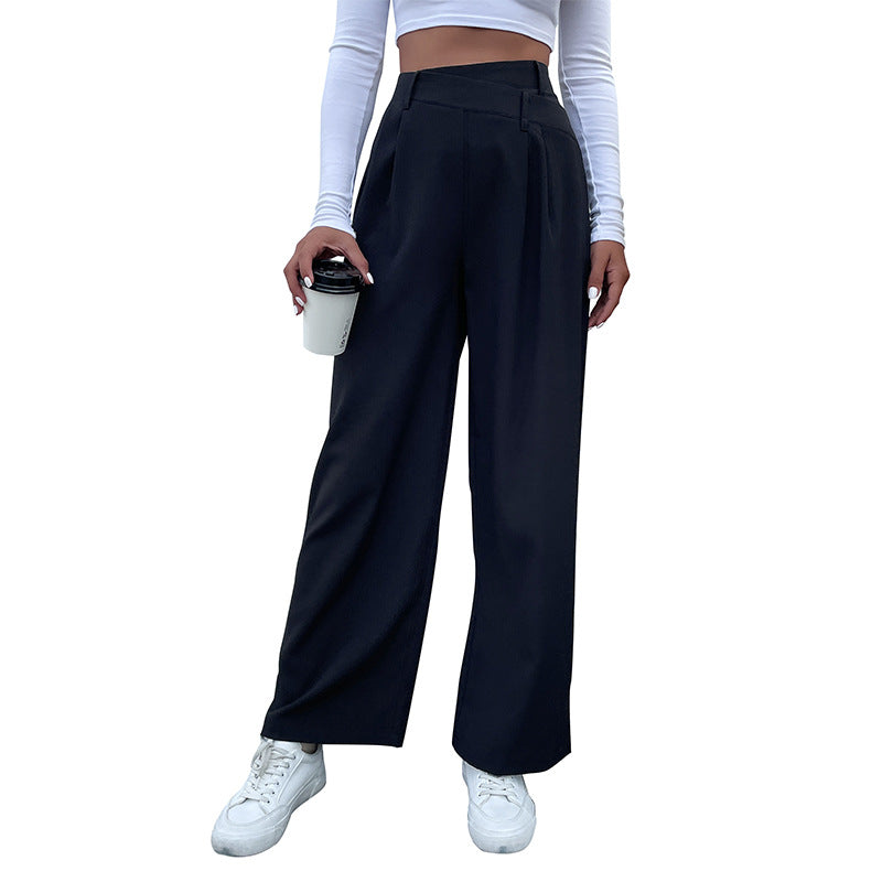 Damen Elegante Stoffhose mit hoher Taille, Bundfalten und weitem Bein Drune