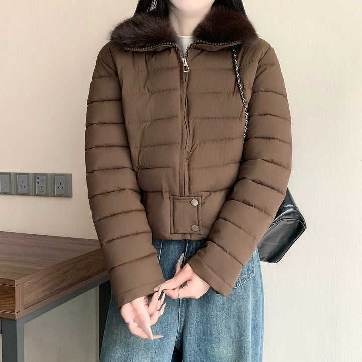 Damen nan kurze wattierte Taillenjacke mit abnehmbarem Kunstfellkragen und verstärktem Saum Drune