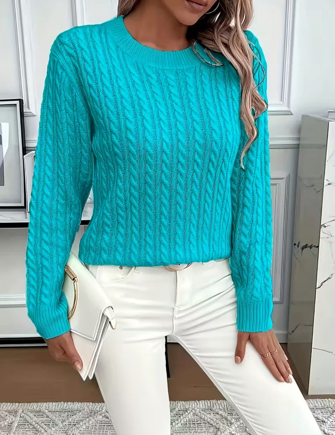 Damen Kurz geschnittener Zopfmuster-Strickpullover mit Rundhalsausschnitt Drune