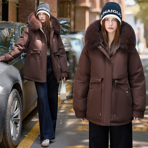 Damen nan kurzer urbaner Thermoparka mit luxuriösem abnehmbarem Pelzkragen und multifunktionalen Taschen Drune