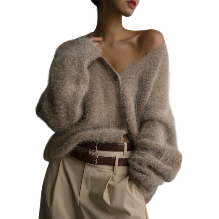 Damen Flauschige Mohair-Optik Strickjacke mit V-Ausschnitt und Oversize-Schnitt Drune