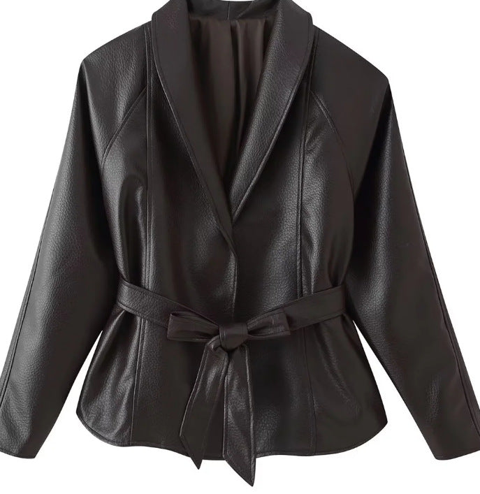 Damen Taillierte Blazerjacke aus Lederimitat mit Schalkragen und Bindegürtel Drune