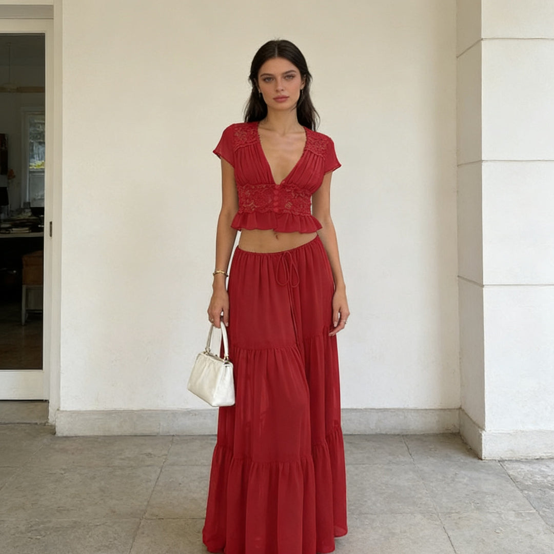 Damen Lässiges Maxi-Kleid mit eleganter Raffung und cropped Top Drune