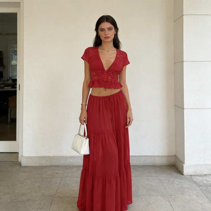 Damen Lässiges Maxi-Kleid mit eleganter Raffung und cropped Top Drune