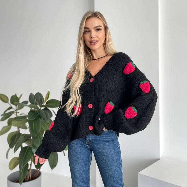 Damen Strickjacke mit verspieltem Erdbeermuster und weiten Ärmeln Drune