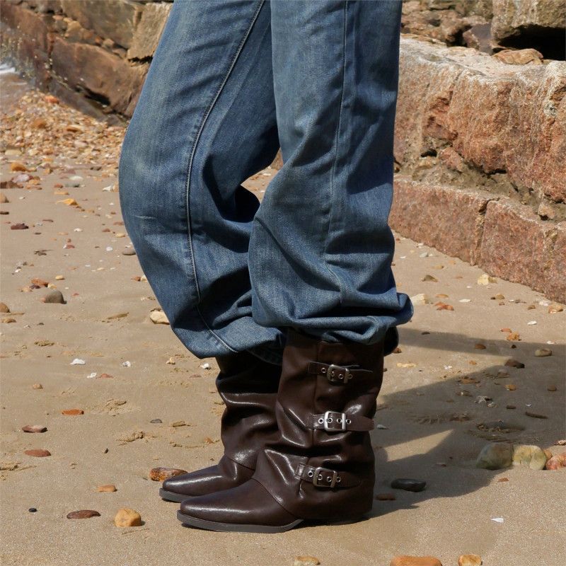 Damen Mid-Calf Stiefel mit spitzer Zehenpartie, dreifachen Zierschnallen und leichtem Blockabsatz Drune