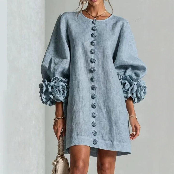 Damen Midikleid mit voluminösen Puffärmeln, 3D-Blütenknopfleiste und Leinenstruktur Drune