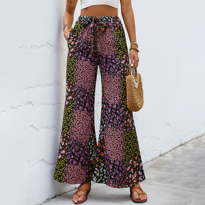 Damen Weite High-Waist Palazzo-Hose mit floralem Patchworkprint, Tunnelzug und Seitentaschen Drune
