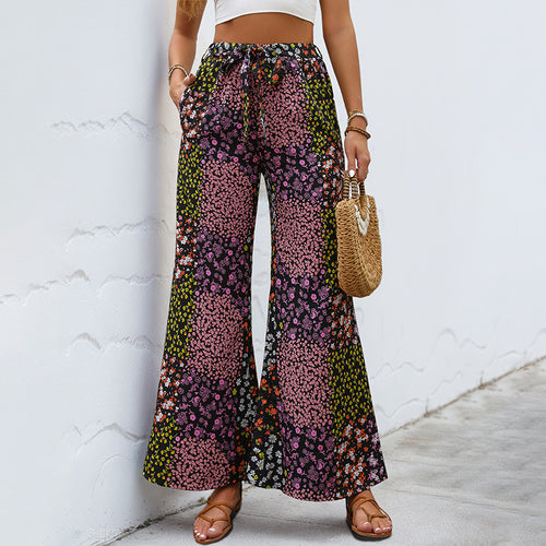 Damen Weite High-Waist Palazzo-Hose mit floralem Patchworkprint, Tunnelzug und Seitentaschen Drune