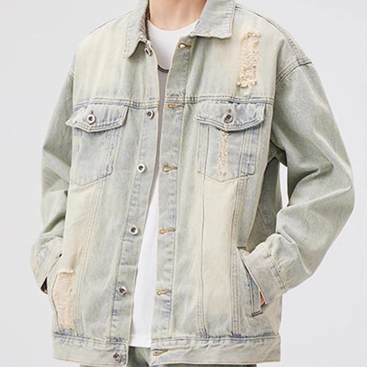 Herren Oversized Jeansjacke mit Used-Waschung und Destroy-Details Drune