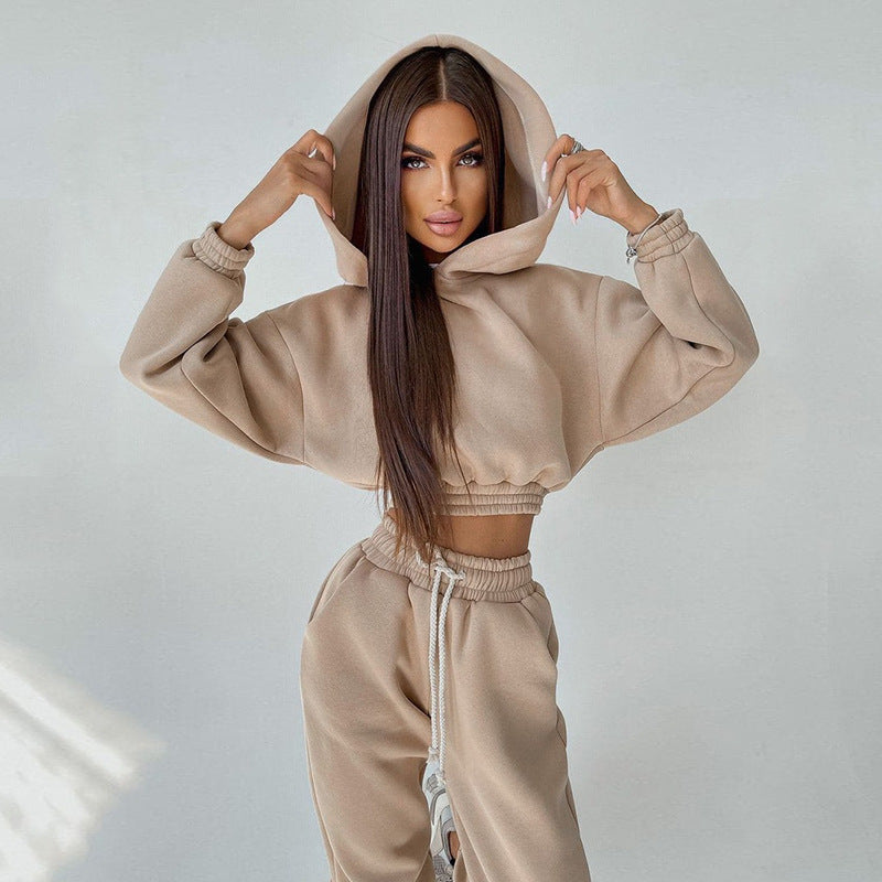 Damen cropped Stehkragen-Sweatset mit elastischem Taillenbund und hochtaillierter Tapered-Jogginghose Drune