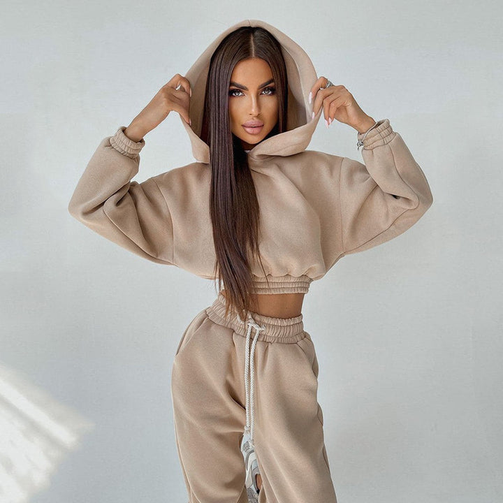 Damen cropped Stehkragen-Sweatset mit elastischem Taillenbund und hochtaillierter Tapered-Jogginghose Drune
