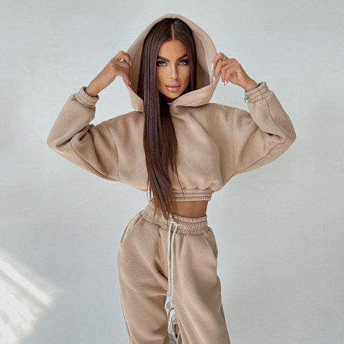 Damen cropped Stehkragen-Sweatset mit elastischem Taillenbund und hochtaillierter Tapered-Jogginghose Drune
