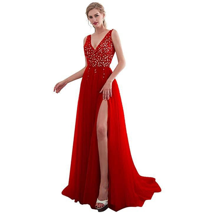Damen Elegantes Maxikleid mit schimmerndem Oberteil und hohem Schlitz Drune