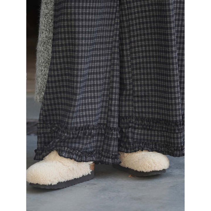 Damen Weite High‑Waist Culotte‑Hose im Karomuster mit elastischem Bund und Volantsaum Drune