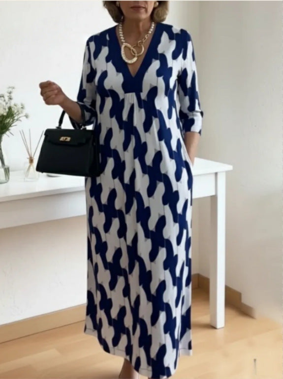Damen lässiges Maxikleid mit elegantem V-Ausschnitt und praktischen Seitentaschen Drune