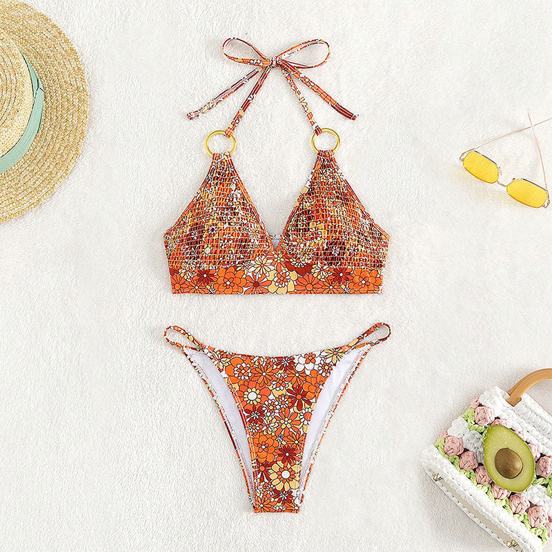 Damen Triangel-Bikini mit modischem Blütenmuster und eleganten Ringdetails Drune